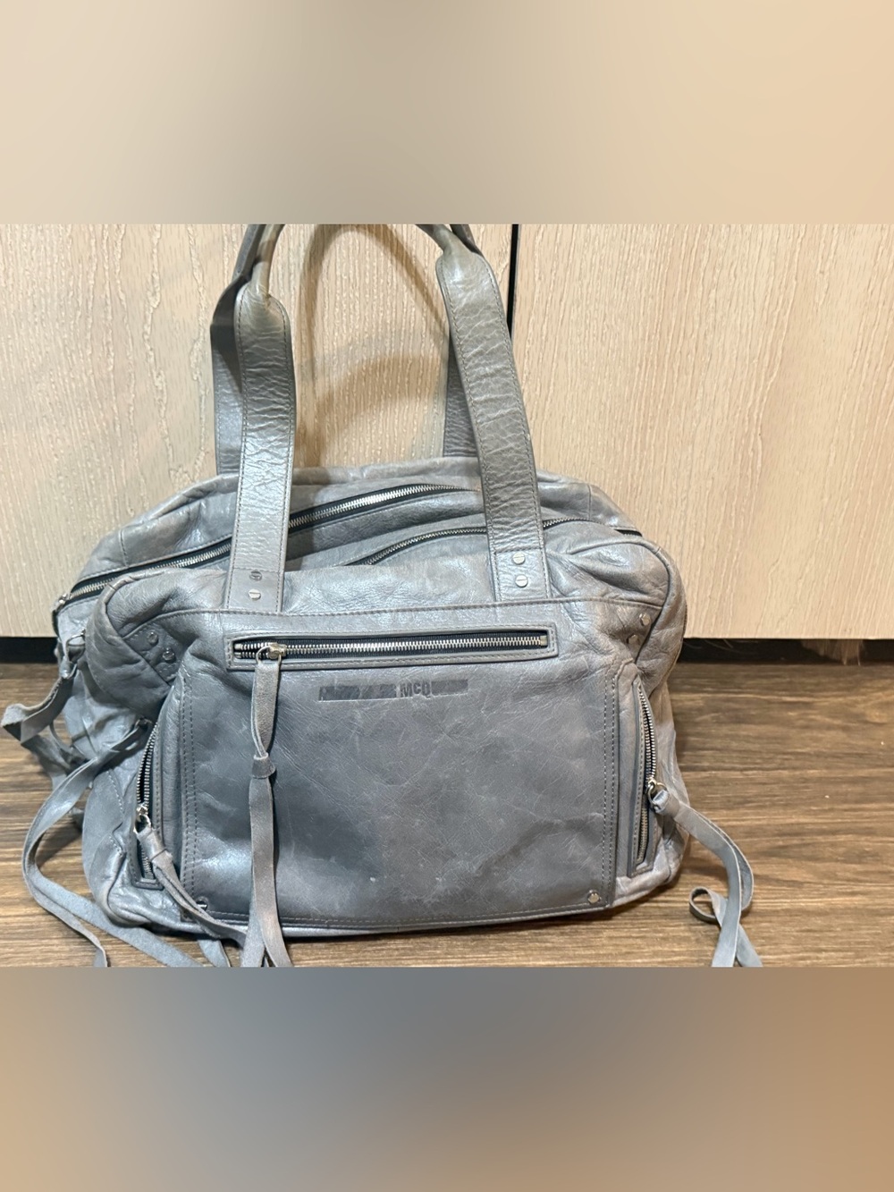 Alexander McQueen Gray Leather Duffel Bag